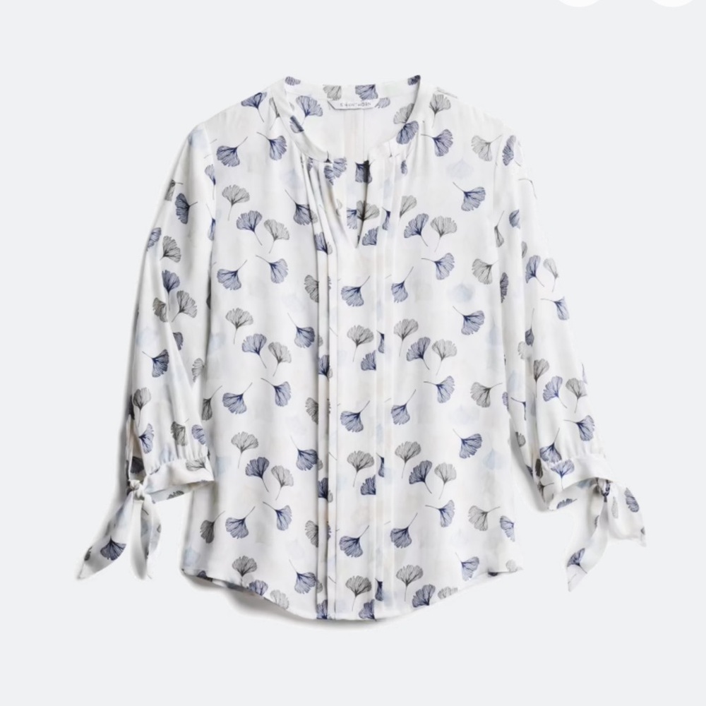 White Blouse with Blue and Gray Shell Print